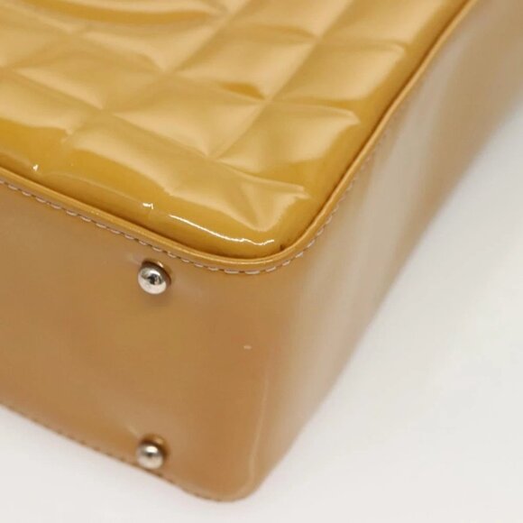 CHANEL Choco Bar Hand Bag Patent Leather Yellow Silver CC Auth mr1387 - Picture 2 of 16